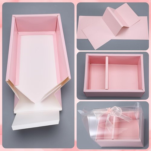 Honeydak 10 Kit 4 Inch Cake and Flower Clear Boxes, Portable Clear Gift Box for Cake Flower Pack Together, Transparent Gift Packaging with Ribbon for Valentine Wedding Holiday Party Favors(Pink)