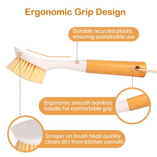 Cooptop 3 Pack Dish Brush Set with Bamboo Handle, Dish Scrubber Built-in Scraper, Kitchen Scrub Brush for Cleaning Cast Iron Cookware, Pans, Pots, Counter & Kitchen Sink (White)