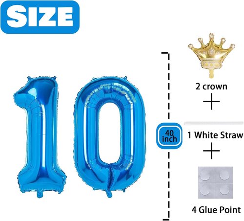 10 Number Balloon - Blue 40-Inch Big Foil Crown - Helium Birthday Party Decoration for 10-Year-Olds