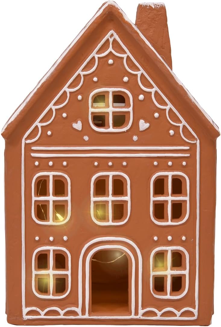 Mark Feldstein & Associates Ceramic Iced Gingerbread Houses - Pre-Lit LED Holiday Village Figurines, Set of 2, 9 Inch