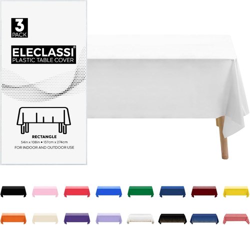 Eleclassi Premium Disposable White Plastic Tablecloths - Waterproof 54 x 108 in for 8 Ft Rectangular Tables