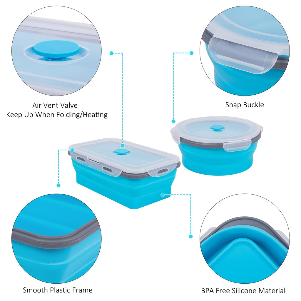 Collapsible Food Storage Containers with Lids 20 Pack(81oz/58oz Extra Large Included), 12 Rectangular+8 Round, Annaklin Silicone Collapsible Food Containers Sets Microwave Freezer Dishwasher Safe Blue