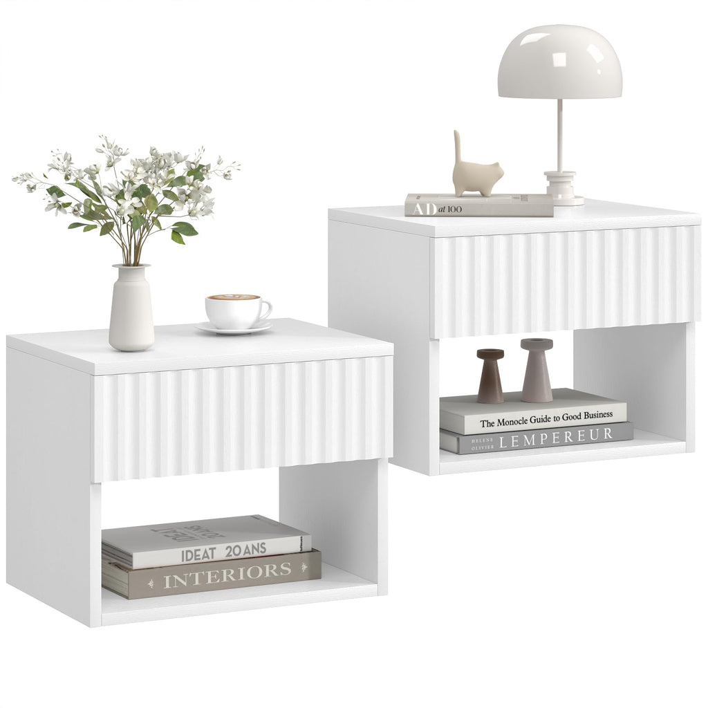AURINEST Floating Nightstand Set of 2, Modern Wall Mounted Bedside Tables with Fluted Drawer, Night Stand Small End Table with Open Storage Shelf for Bedroom, Living Room, Small Spaces, White