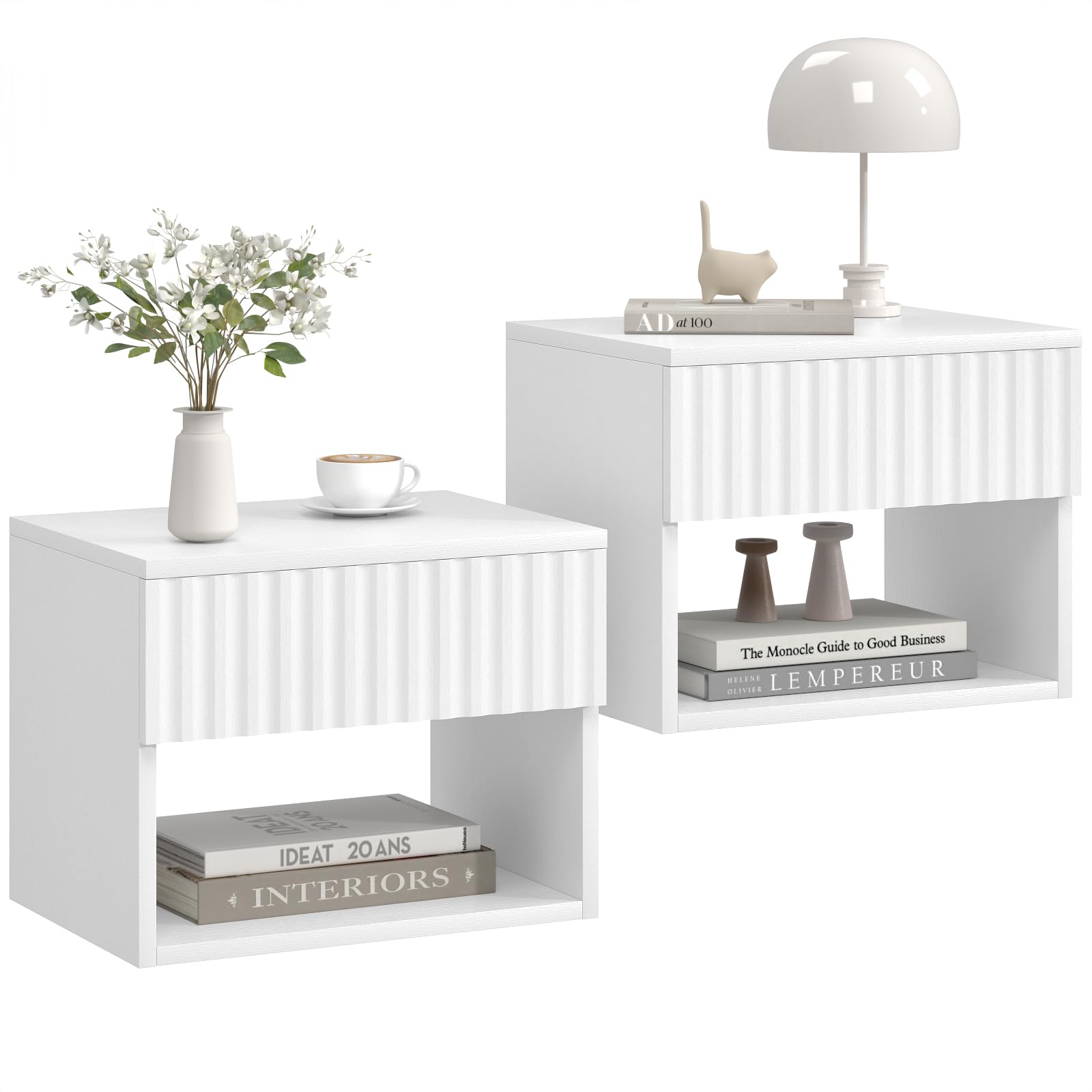 AURINEST Floating Nightstand Set of 2, Modern Wall Mounted Bedside Tables with Fluted Drawer, Night Stand Small End Table with Open Storage Shelf for Bedroom, Living Room, Small Spaces, White