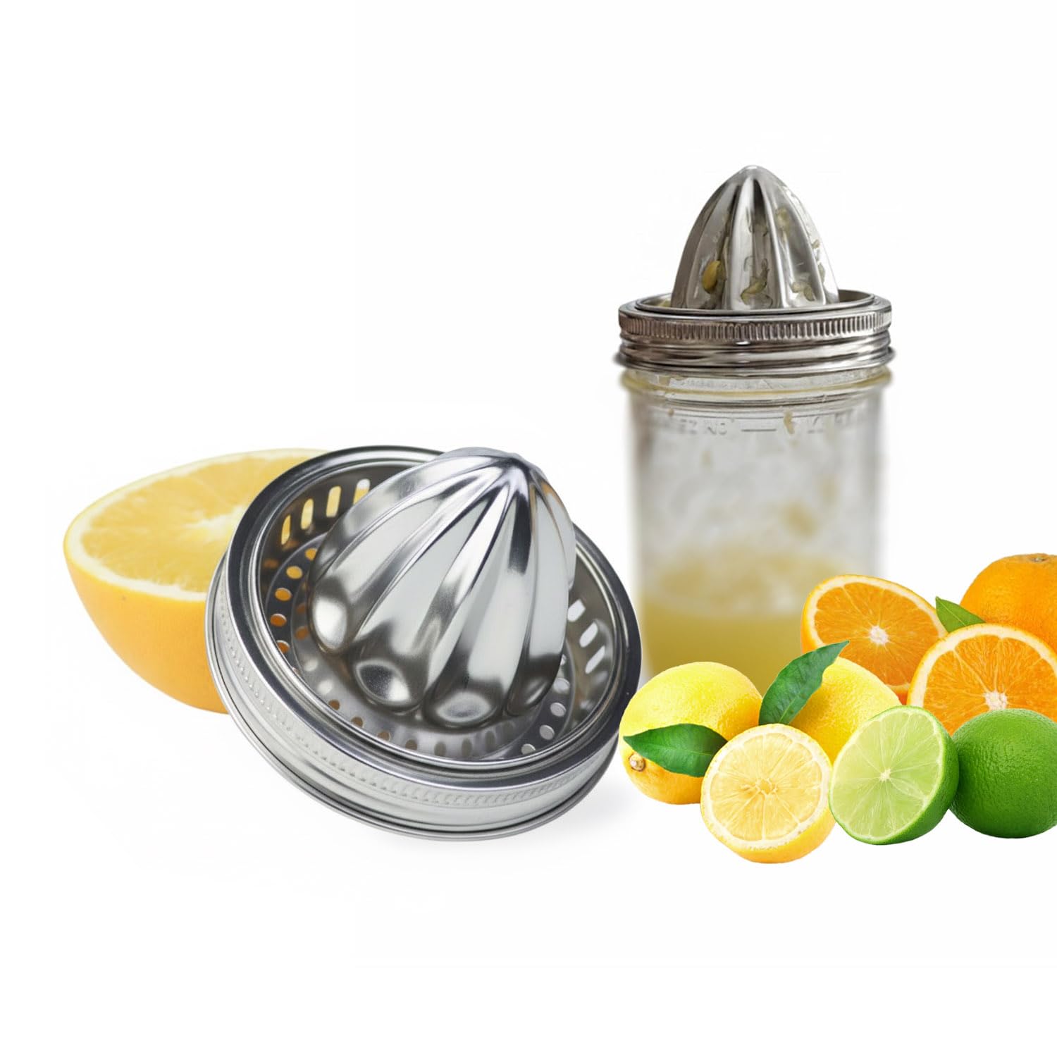 2Pcs Stainless Steel Mason Jar Juicer Lid for 3.38 Inch Wide Mouth Mason Jar, Hand Squeezer Top for Citrus Lemon Orange Manual Citrus Juicer