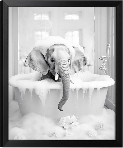 Elephant Wall Art by Animal | Funny Black and White Bathroom Decor | Framed 10" L x 8" W