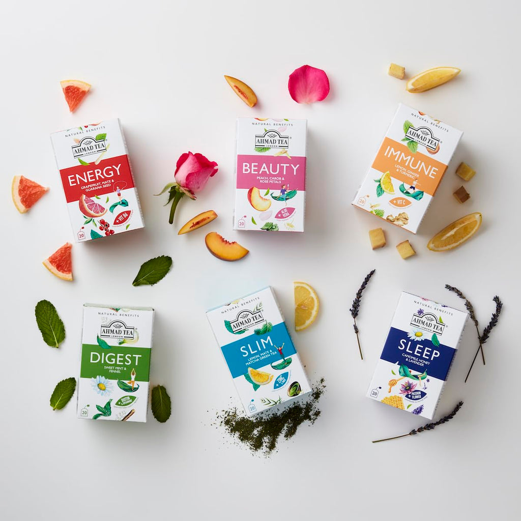 Ahmad Tea Natural Benefit Functional Tea Selection Pack | Green teas, Fruit & Herbal Infusions | Perfect herbal tea gift - 60 Teabag Sachets | 6 blends