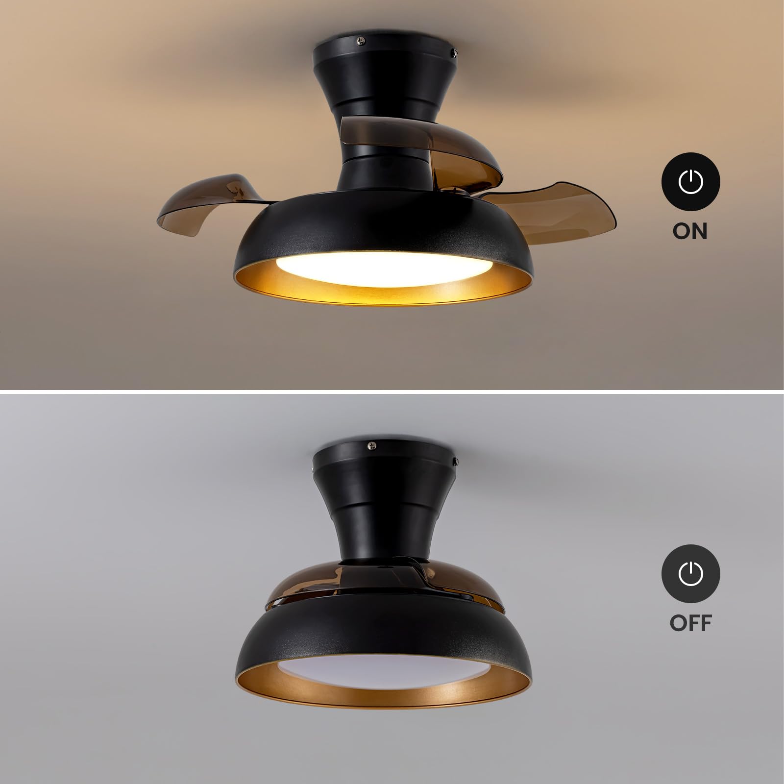 APBEAMLighting 23 Inch Black and Gold Ceiling Fan with Light and Brown Retractable Blades Small Led Light Fixture Ceiling Modern Fandelier Fan Lights Cei ling Fixtures for Bedroom Dining Room Kitchen
