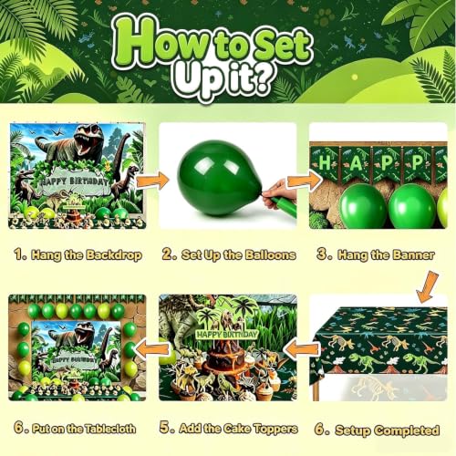 Dinosaur Birthday Party Decorations Kit for Kids with Backdrop, Balloons, Banner, Cake Toppers & Tattoos