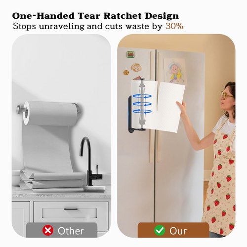Magnetic Paper Towel Holder for Fridge - No Drill, One Hand Tear with Ratchet Mechanism, Black, Self-Adhesive & Wall Mount for Kitchen, RV, Garage