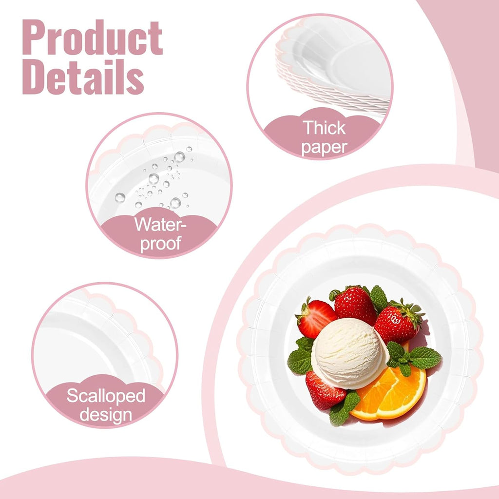 Regine Switzerland 30 Pcs Pink & White Scalloped Paper Plates - 7 Inch Disposable Dinnerware Set for Parties & Celebrations