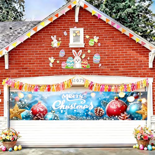 Christmas Outdoor Banner 78.7 x 17.7 Inch with Ornaments & Snowflakes