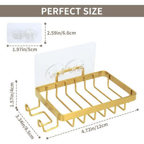 Snailhouse Soap Dish for Shower, Wall Self Draining Adhesive Hanging Stainless Steel Bathroom Bathtub Bar Soap Holder Tray Caddy with 2 Hooks, Gold