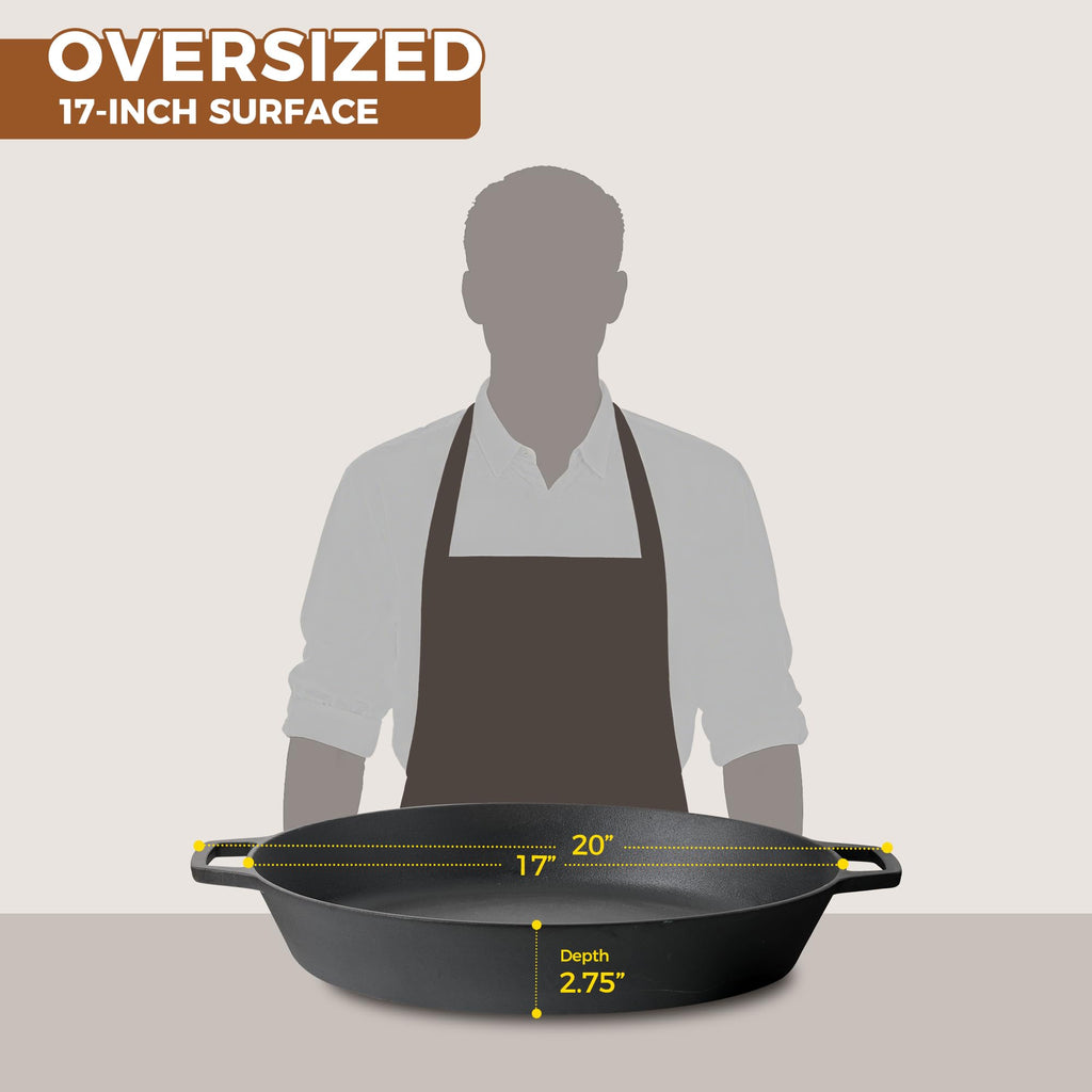 EDGING CASTING Pre-Seasoned Large Cast Iron Skillet 17 Inch, Dual Handle Outdoor Camping Frying Pan, Pizza Pan, Use for Grill, Stovetop, Induction, Oven Safe Cookware