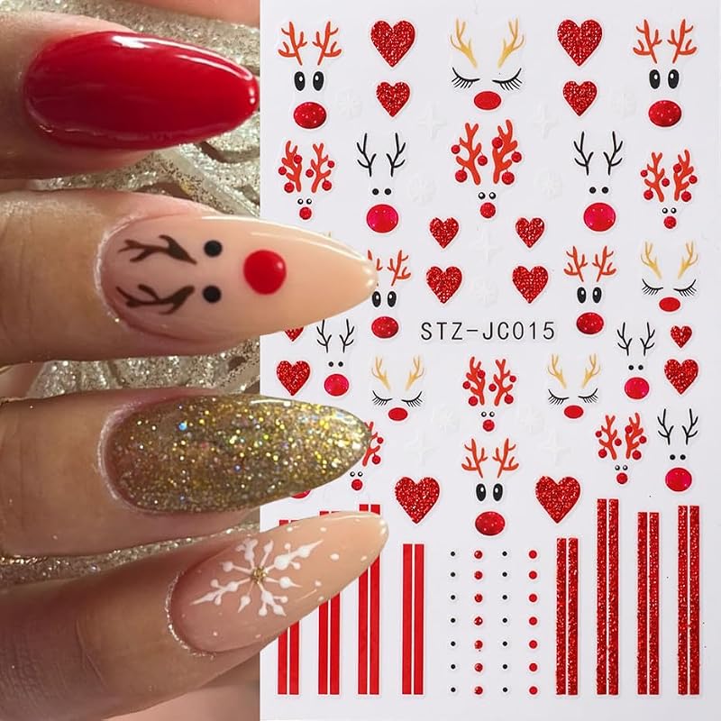 Christmas Nail Stickers 4 Sheets Reindeer Heart Holiday Decals