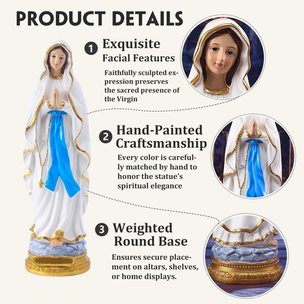 QIANLING 12-Inch Lourdes Virgin Mary Statue - Hand-Painted Catholic Figurine for Home Decor & Prayer Room