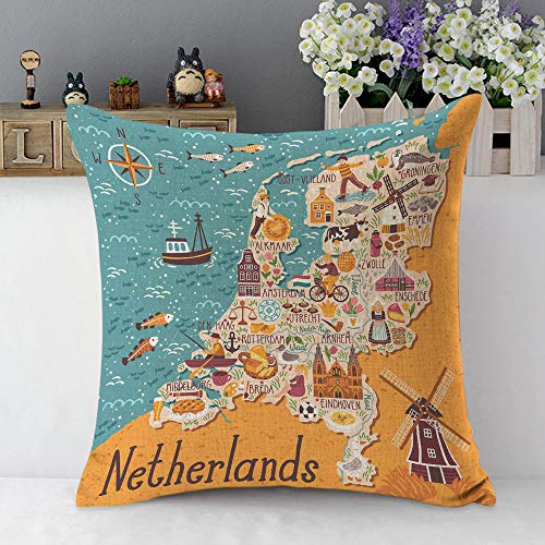 Mugod 18x18 Inch Map of Netherlands Decorative Pillow Cover - Dutch Landmarks & Windmill Design