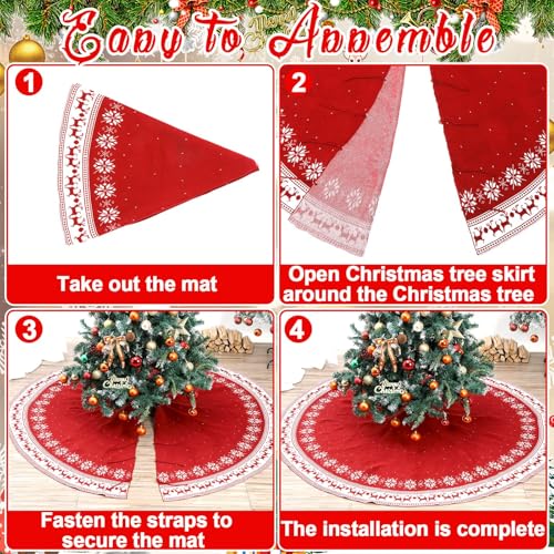 72-Inch Red Christmas Tree Skirt with Snowflakes and Reindeer, Extra Large Farmhouse Holiday Decor