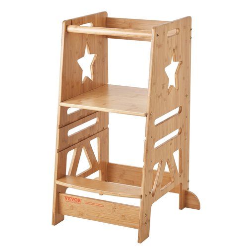 VEVOR Tower Step Stool, 3-Level Height Adjustable Toddler Step Stools for Kids, Bamboo Kitchen Stool, Kids Standing Tower Learning Stool with Safety Rail for Kitchen Counter Bathroom, 350LBS