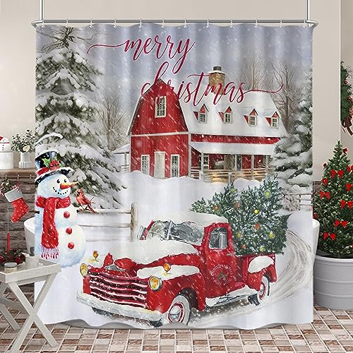 Grey Farmhouse Christmas Shower Curtain Set - 72x84 Inch Winter Farm Truck Tree Snowman Bathroom Decor with Hooks