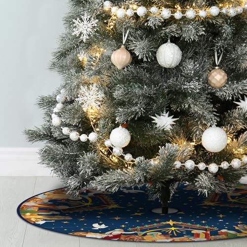Religious Jesus Nativity Scene Christmas Tree Skirt 36 Inch Navy Blue Holiday Decor