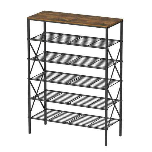 TIFFLOI 6-Tier Shoe Rack Organizer, Large Capacity Shoe Storage Shelf for Entryway, Closet, Rustic Brown & Black, Metal Mesh Shelves, Holds up to 24 Pairs of Shoes, Easy Assembly, Adjustable Feet