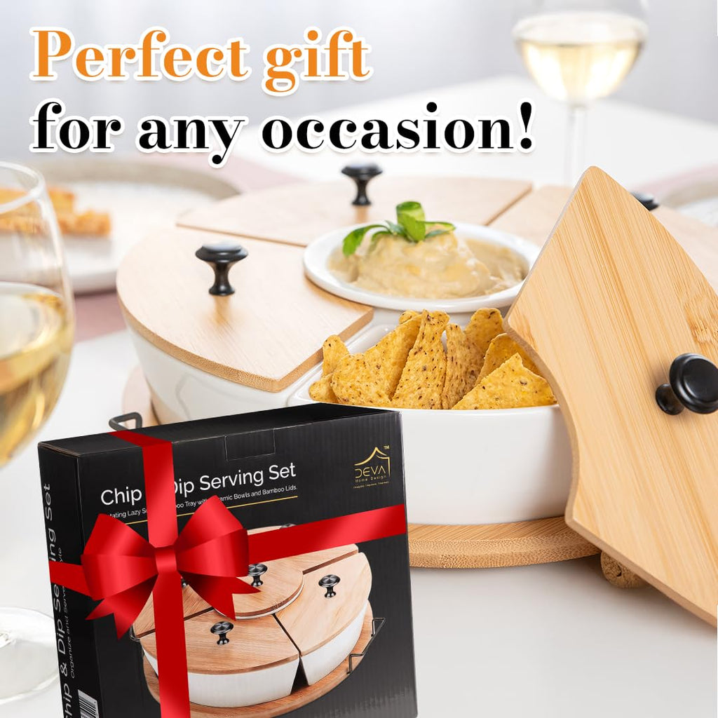 DEVA Home Design Chip and Dip Serving Set | Rotating Bamboo Lazy Susan Appetizer Tray with Black Handles | White Ceramic Bowls with Bamboo Lids | Divided Round Party Platter | Giftable
