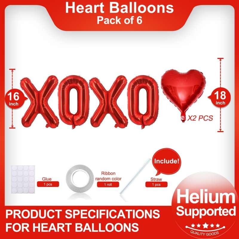 Valentine's Day XOXO & Heart Balloons Set - 6 Pcs Red Decorations