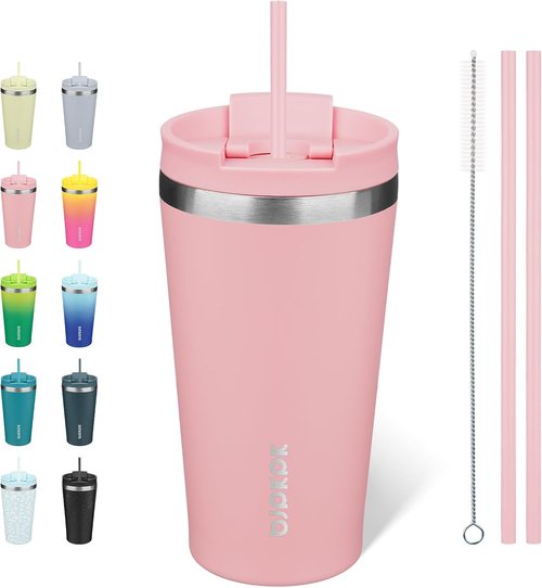 BJPKPK 18oz Insulated Stainless Steel Travel Coffee Mug - Light Pink with Lid & Straw