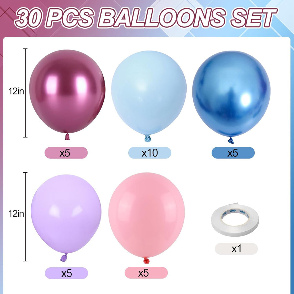Macaron & Metallic Blue Pink Balloons - 12 Inch Gender Reveal & Baby Shower Party Decorations