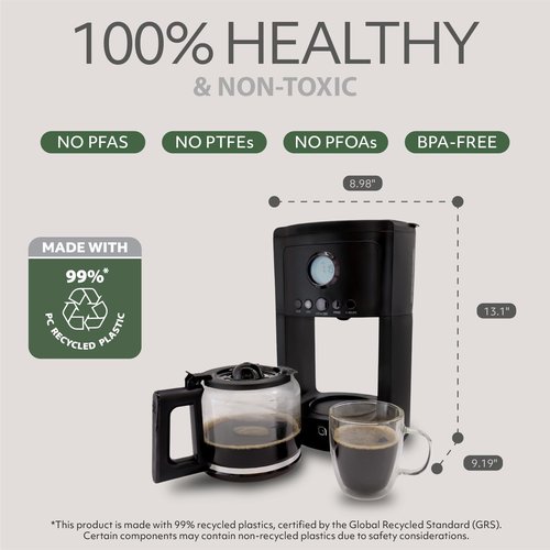 WILLOW Eco Series 12 Cup Drip Coffee Maker, 24 HR Programmable Coffee Maker with Glass Coffee Pot, Removable Filter Basket, Keep Warm Function & Auto Shut-off, Coffee Machine with Digital Display