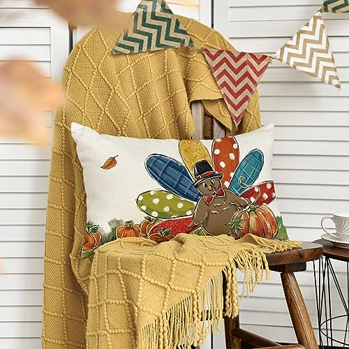 Thanksgiving Turkey Pumpkin Throw Pillow Cover, 12x20 Inch