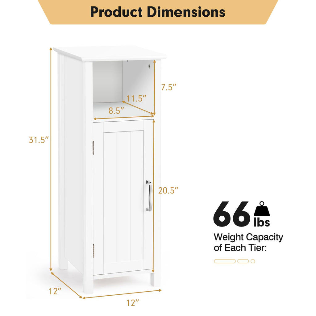 COSTWAY Bathroom Storage Cabinet, Freestanding Narrow Storage Organizer with Open Shelf & Adjustable Shelf, Small Slim Floor Cabinet for Bathroom, Living Room, Entryway, Office, White