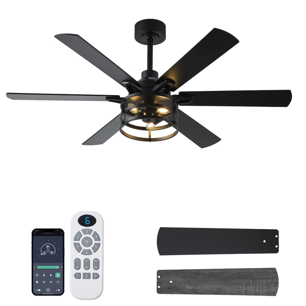 NKPU 52 Inch Farmhouse Ceiling Fan with Light and Remote, Black Industrial Caged Rustic Ceiling Fan with 6 Speed Reversible Motor and Dual Finish 6 Blades, Rustic Ceiling Fan for Living