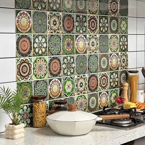 Mandala Tile Stickers 4x4IN - 24Pcs Green Peel & Stick Vinyl Tiles