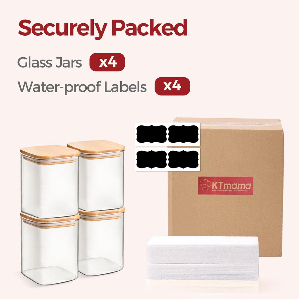 Skiennix 1Qt Airtight Glass Canisters - Bamboo Lid Square Storage for Coffee, Snacks & Dry Goods | 4-Pack