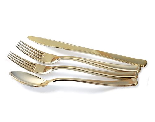 " OCCASIONS " 150 Piece set (25 Guests)-Wedding Plastic Plates & cutlery -Disposable heavyweight Dinnerware 10.5'', 8'' + Silverware w/double fork (Imperial in White/Blue & Gold)