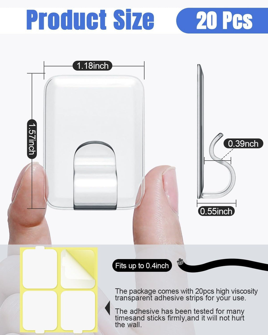 LZC Outdoor String Light Clips - 20 Pack Heavy-Duty Waterproof Adhesive Holders | Clear Rectangle Design