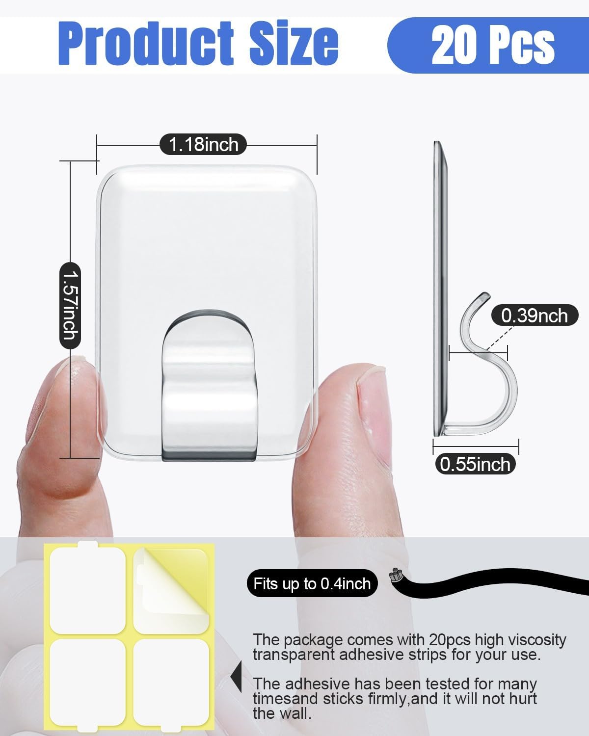 LZC Outdoor String Light Clips - 20 Pack Heavy-Duty Waterproof Adhesive Holders | Clear Rectangle Design
