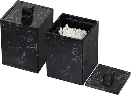 Jung Ford Marble Pattern Cotton Swab Holders - 2-Pack Resin Bathroom Storage Jars | Black