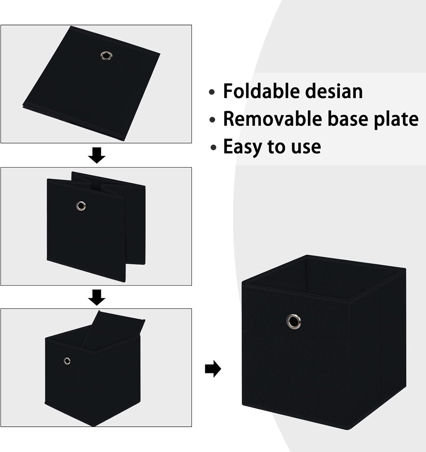 Skiennix Foldable Storage Cubes - 11 Inch Cloth Organizer Bins with Handles | Set of 3 Black Fabric Boxes
