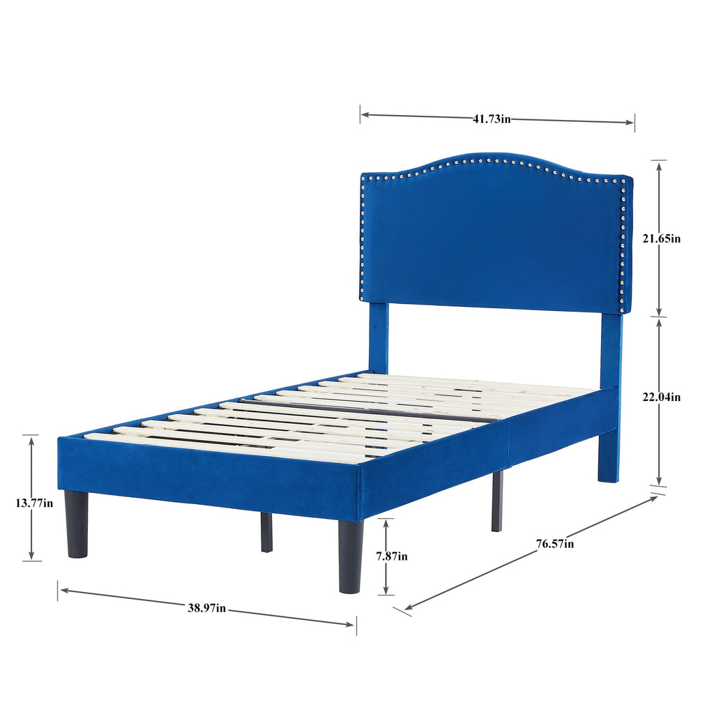 VECELO Twin Upholstered Platform Bed Frame for Kids,Girls,Boys,with Tufted Adjustable Headboard/Mattress Foundation/Wood Slat Support,Easy Assembly,Dark Blue