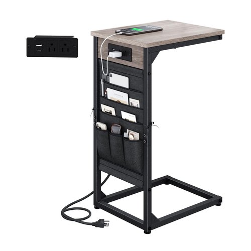 NEFROM C-Shaped End Table with Fast-Charging Station, Small Couch Side Table with Storage Bag, Sofa TV Tray Table for Living Room, Bedroom, Bedside ET-GY-1