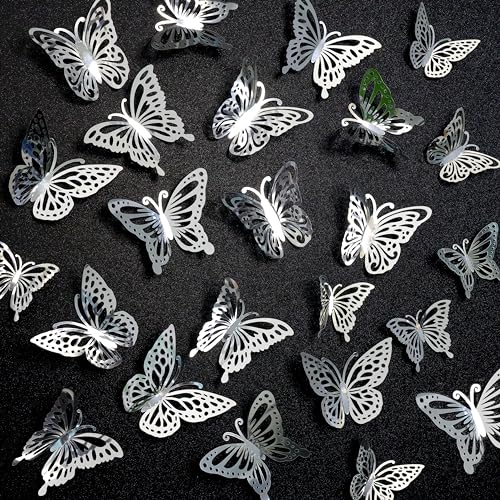 Seyal 3D Metallic Butterfly Wall Decor Stickers, Silver 48-Piece Set