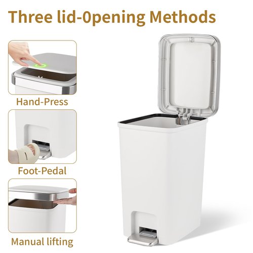 Small Bathroom Trash Can with Lid and 3 Rolls Trash Bags, Step Pedal Wastebasket Plastic Garbage Can with Pop-Up Lid 2.6 Gallon Bin for Kitchen, Bedroom, Office, Dorm, Laundry, Toilet, Rv, White