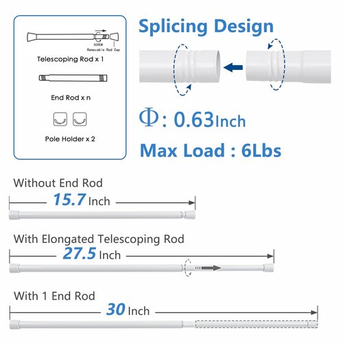 SOALARMON 15.7 to 54.7 Inches, Small Spring Tension Curtain Rod, No Drill Curtain Rods for Windows, Bathroom, Closet, Non-Slip, Anti-Rust, 0.63" Diameter, White, 1 piece