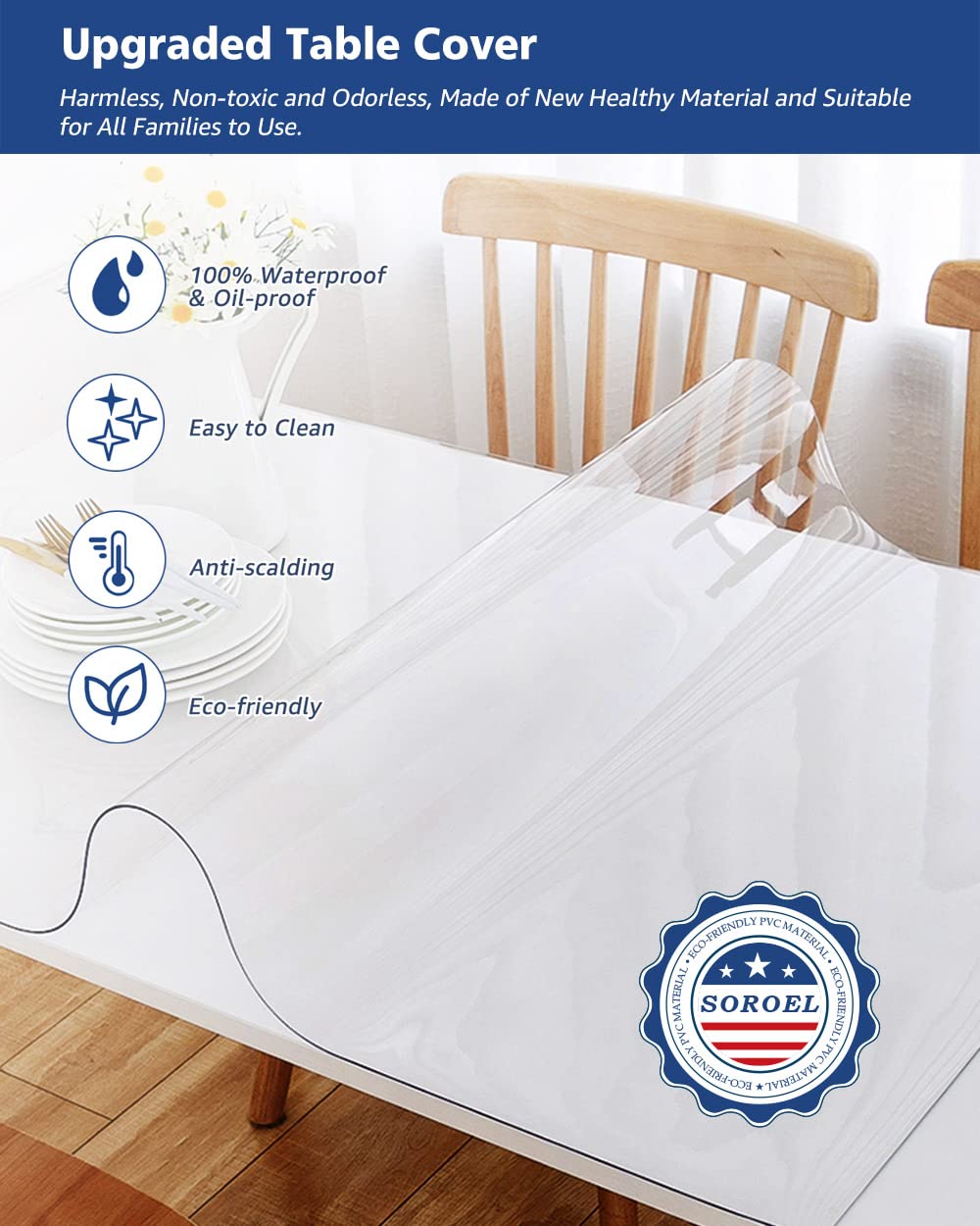 Soroel 38X120 Inch Clear Dining Room Table Cover Plastic Tablecloths Waterproof Office Desk Blotter Mat 1.5mm Thick Wood Furniture Topper Protector Pad for Night Stand End Side Table Kitchen Counter