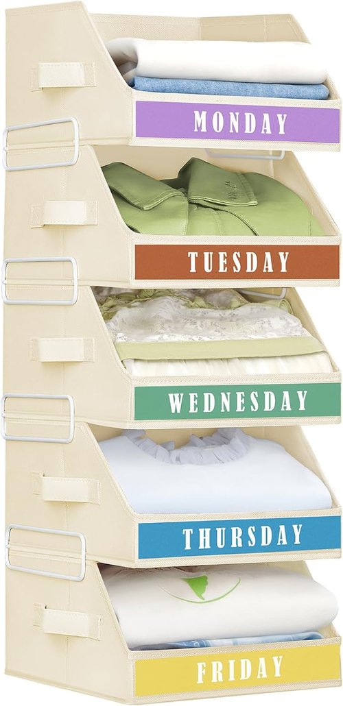 Homsorout Closet Organizers - 5-Tier Shelf Organizer with Labels & Stackable Bins | Beige Metal Frame