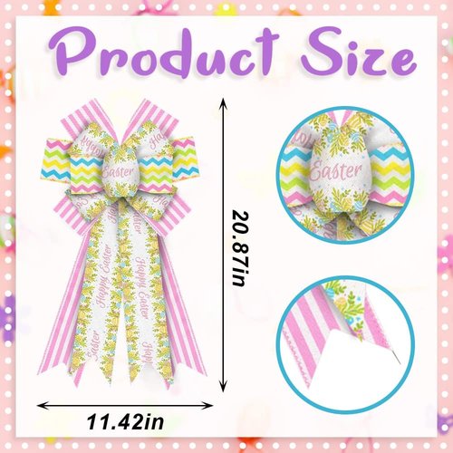 Hying Large Easter Bows - White & Pink Burlap Wreath Bows with Eggs & Leaves for Spring Decor