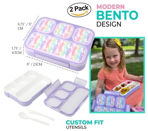 kinsho Bento-Box Lunch-Boxes for Kids, Girls, Lunch and Snack Containers for Toddler Daycare, School, Travel BPA-Free, 4 Divided Compartments Utensils (Purple Rainbow Unicorn, 2 Pack)